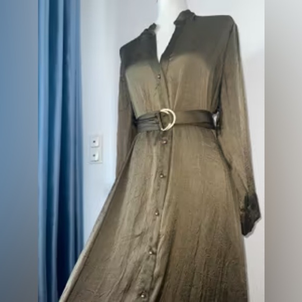 zara olive green shirt dress Zara Dark Green Satin Self Tie Shirt Dress XS